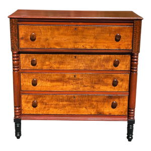 Antique Federal Tiger Maple Chest of Drawer With Original Red Wash & Grain Paint