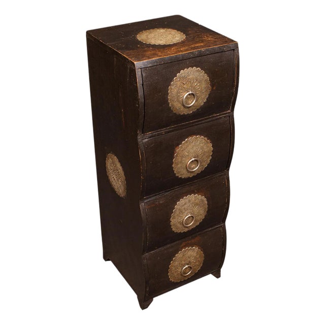 Vintage Barber's Chest of Drawers, Turkish Pine Bombe Front Cabinet, Mid Century For Sale