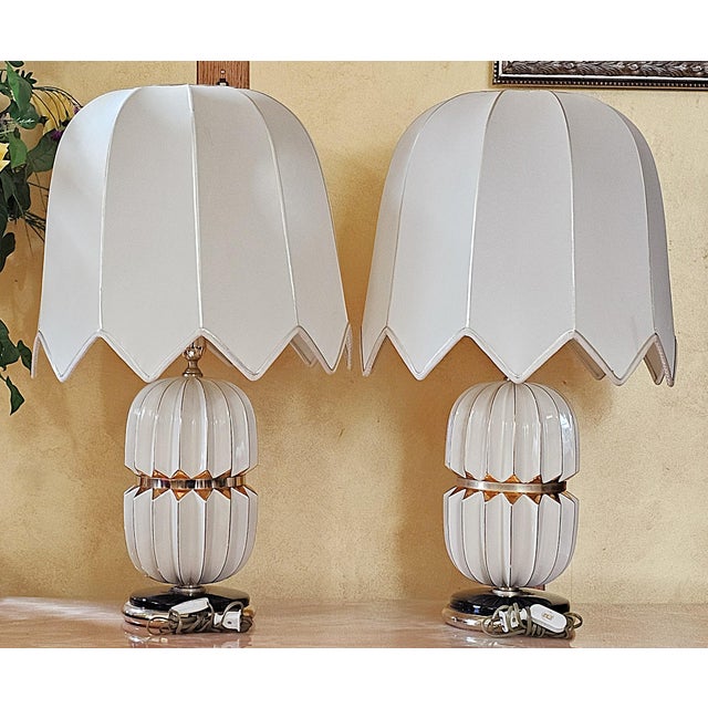 Hollywood Regency Pair of Vintage Hollywood Regency Ceramic Table Lamps – Styled After Rougier For Sale - Image 3 of 18