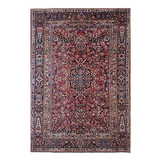 Early 20th Century Kashan Rug, Hand-Knotted Wool & Cotton, Floral Design, Red & Navy, 5x7 For Sale