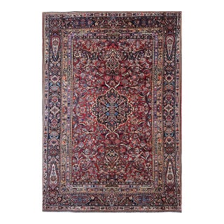 Early 20th Century Persian Kashan Rug, Hand-Knotted Wool & Cotton, Floral Design, Red & Navy, 5x7 For Sale