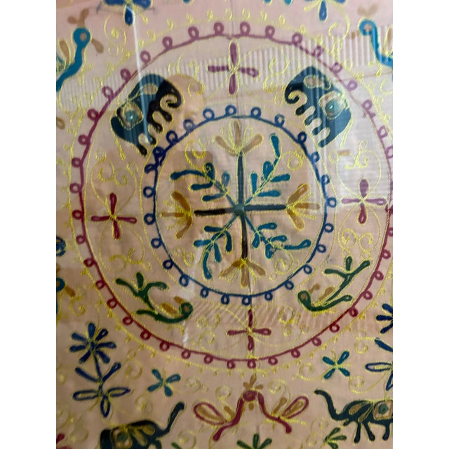 Indian Embroidered Silk Camel & Elephant Ceremonial Textile Panel in Acrylic Frame, Late 19th Century For Sale In Savannah - Image 6 of 8
