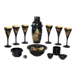1940s Japanese Shikki Lacquered Wood Set Cocktail Shaker Set - 14 Pieces