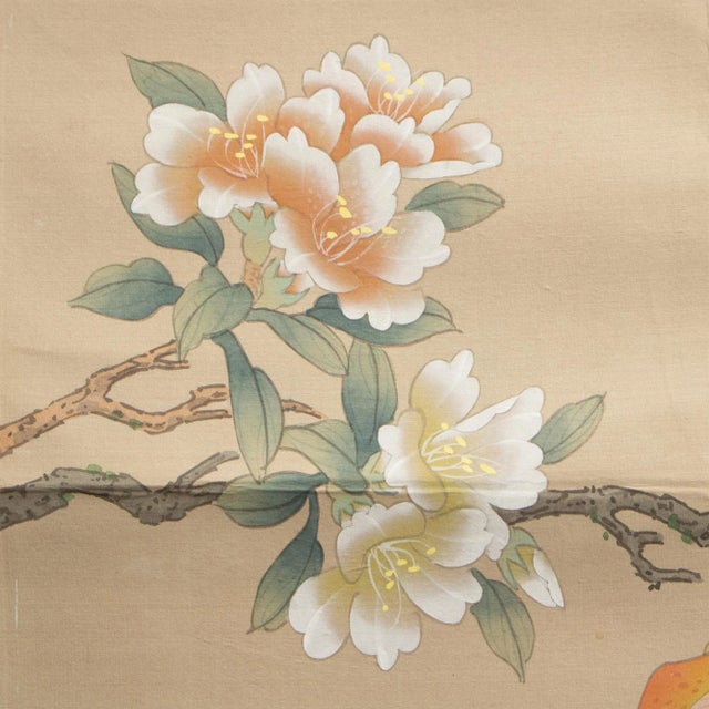 Post 1940s Showa Era Japanese Silk Scroll "Rosefinch, Camellias and Lilies" For Sale In Dallas - Image 6 of 12