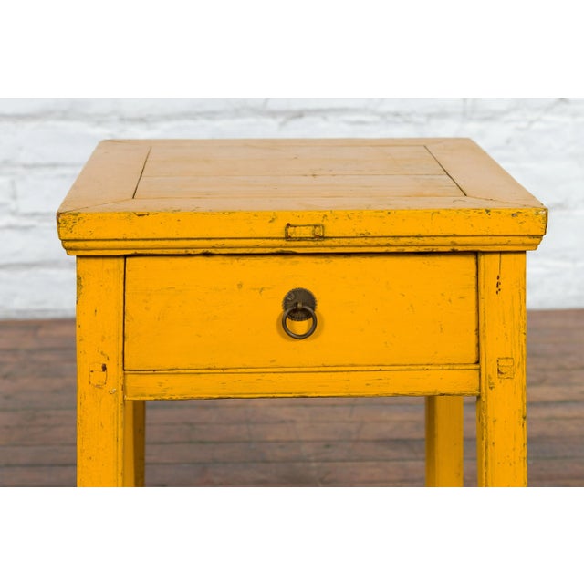 Vintage Chinese Distressed Finish Yellow Lacquer 1-Drawer