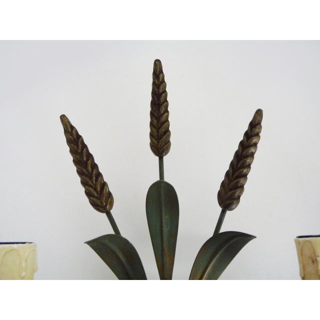 Antique Wheat Sheaf Wall Sconces in Gold and Green Metal, 1980s, Set of 2 For Sale - Image 6 of 11