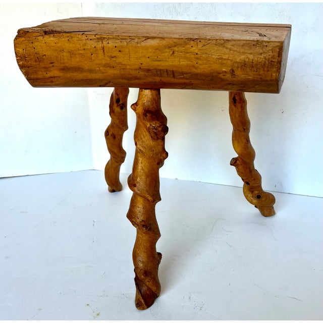 Brown Mid-Century Brutalist Handcrafted French Twisted Splay Leg Fruit Wood Stool For Sale - Image 8 of 14