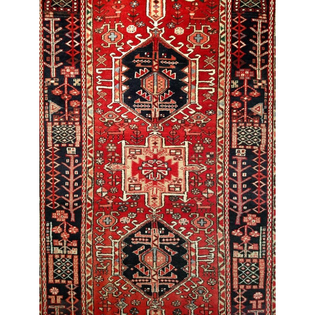 Antique Persian Heriz Karajeh Runner, Hand-Knotted Wool, Geometric Medallion Pattern, Red & Navy, 4x14 For Sale - Image 13 of 18