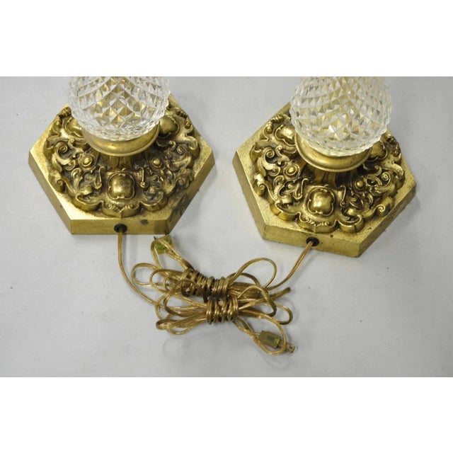 Vintage French Empire Brass & Crystal Glass Column "Oil Lamp" Table Lamps, Pair For Sale - Image 11 of 12