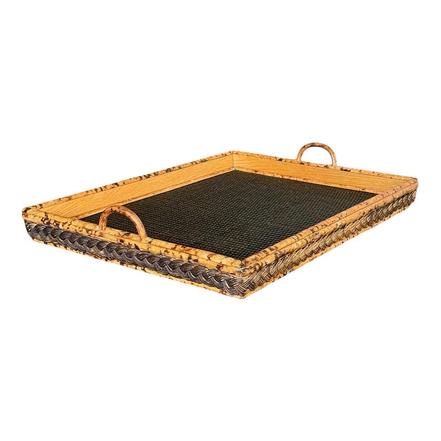 Vintage Scorched Bamboo and Woven Rattan Serving Tray For Sale
