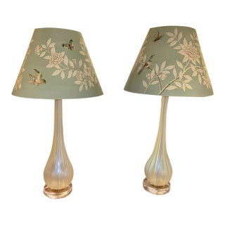 Pair of Murano Opal Glass Lamps With Gracie Shades For Sale