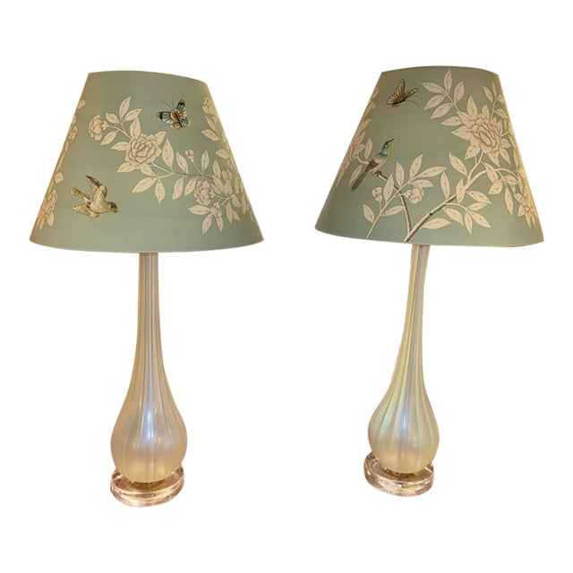 Pair of Murano Opal Glass Lamps With Gracie Shades For Sale