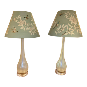 Pair of Murano Opal Glass Lamps With Gracie Shades