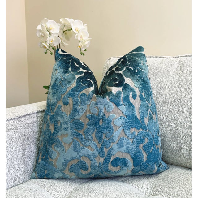Blue Brocade 22x22 Velvet Throw Pillow With Feather Down Insert For Sale - Image 4 of 6