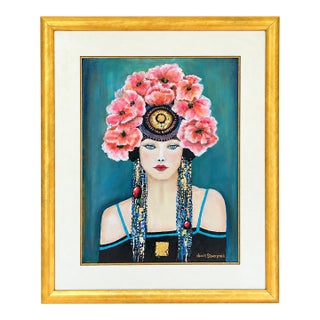 Vintage Portrait Painting of Woman With Coral Floral Headdress in Gilt Frame For Sale