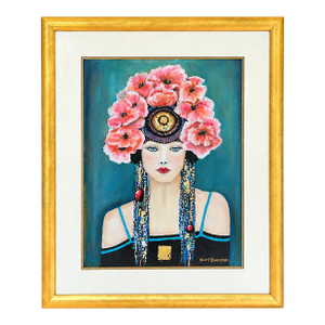 Vintage Portrait Painting of Woman With Coral Floral Headdress in Gilt Frame