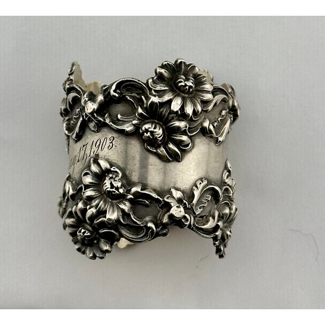 Outstanding Large Antique Fancy Art Nouveau Flower Design Sterling Silver Napkin Ring Dated 1903 For Sale - Image 11 of 18