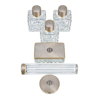 Stunning Engine Turned Antique French Sterling Silver Crystal Vanity Dresser Set Cologne Bottle Box Home Decor For Sale