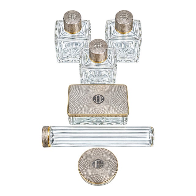 Stunning Engine Turned Antique French Sterling Silver Crystal Vanity Dresser Set Cologne Bottle Box Home Decor For Sale