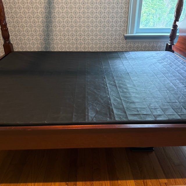 Solid Mahogany Rice Carved Four Poster Queen Bed With Canopy Frame and Low-Profile Boxspring For Sale - Image 4 of 12