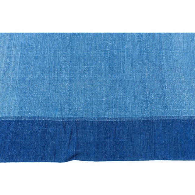Textile Serene Mid-Century Dhurrie Blue With Navy Blue Flatweave Cotton Rug For Sale - Image 7 of 8