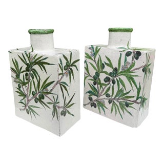 Antique Hand-Painted Olive Motif Crackle Glazed Pottery Vessels, Pair For Sale