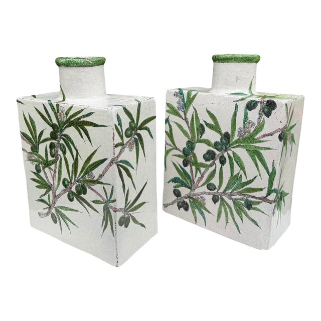 Antique Hand-Painted Olive Motif Crackle Glazed Pottery Vessels, Pair For Sale