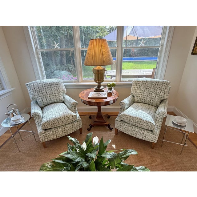 A Pair of Howard & Sons Green and White Lounge Chairs With Custom Tan Slipcovers For Sale - Image 15 of 18