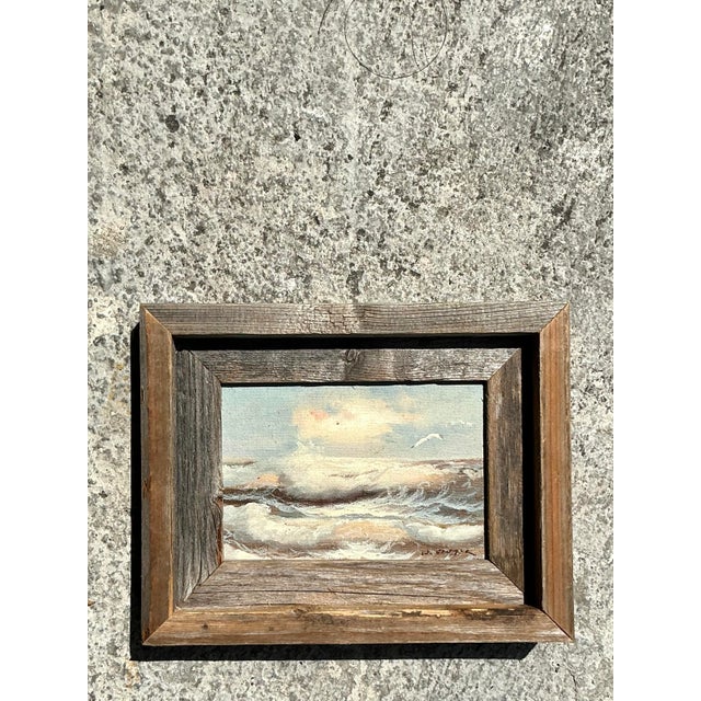 Rustic Vintage Coastal Original Seascape Oil on Board For Sale - Image 3 of 9