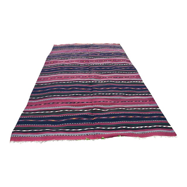 1930s Vintage Nomadic Plant Dye Navy Blue Large Kilim Rug For Sale