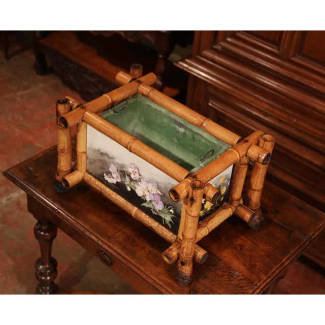 Early 20th Century French Bamboo Jardinière With Hand-Painted Floral Panels For Sale - Image 4 of 12