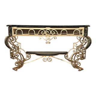 French 19th Louis XV Wrought Iron Gilded Console with Marble top and Low Shelve For Sale
