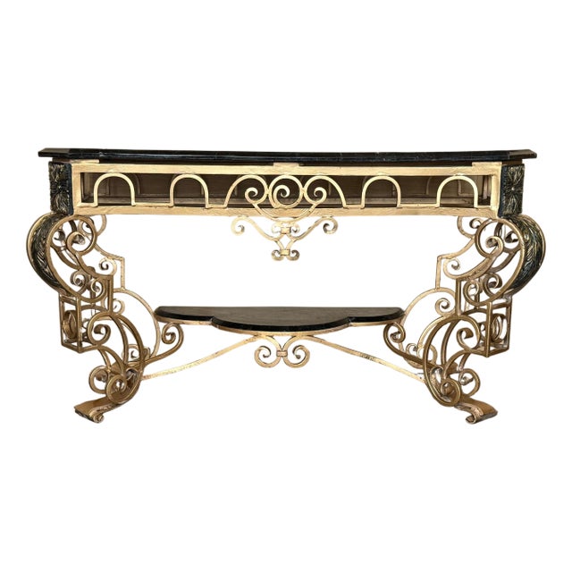 French 19th Louis XV Wrought Iron Gilded Console with Marble top and Low Shelve For Sale