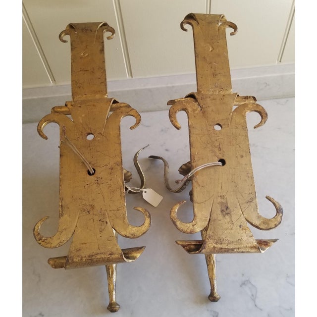 Vintage Vintage Neoclassical Gothic Wrought Iron Gilt Wall Sconces - Set 2 Pair For Sale In San Francisco - Image 6 of 7
