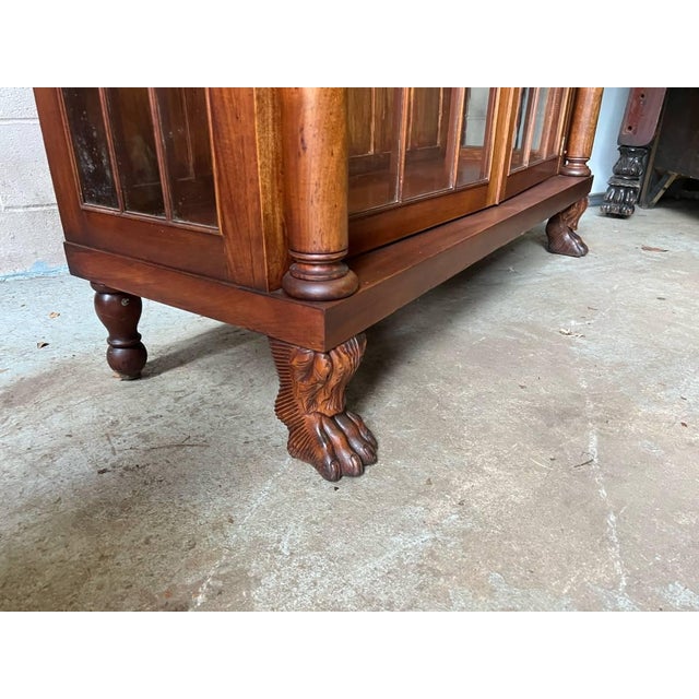 Brown Antique American Empire Carved Wood Double Glass Door Bookcase For Sale - Image 8 of 11