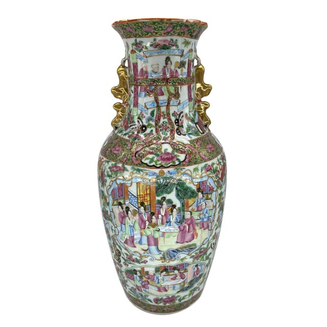 Canton Famille Rose Mandarin pattern shaped vase, the waisted neck with a castellated or linen fold neck and rim, the...