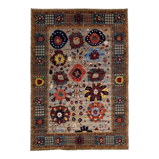 Gray Modern Serapi Style Handmade Floral Designed Wool Rug For Sale