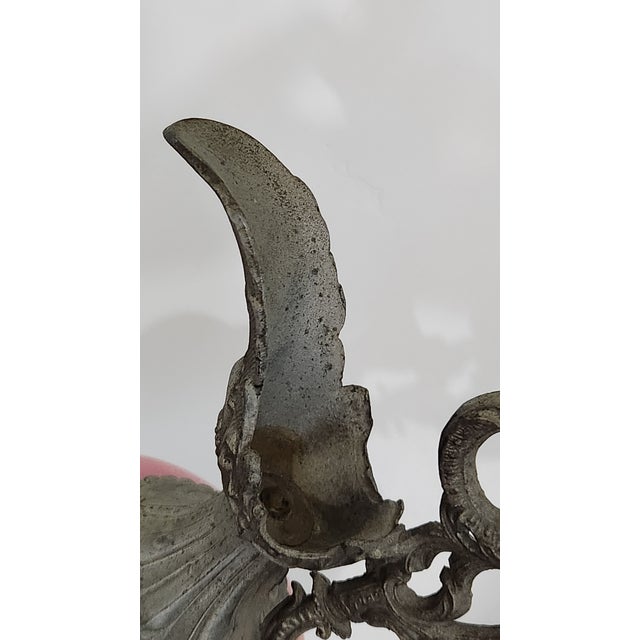 Ceramic Circa 1900 Victorian Rococo Revival Pink Rose Porcelain & Spelter Mantel Ewer For Sale - Image 7 of 18