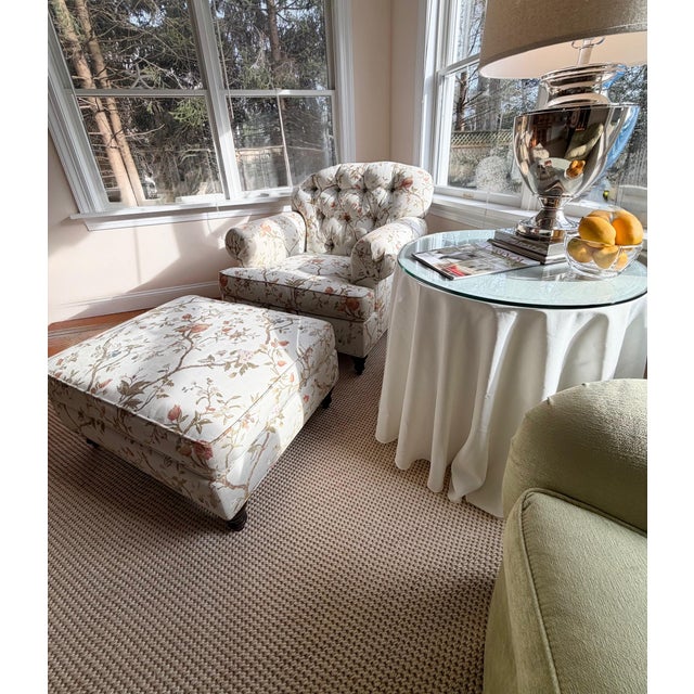 Custom Oversized Lounge Chair and Ottoman Set Upholstered in Sky Blue Scalamandre Melograno This chair doesn’t try to be...