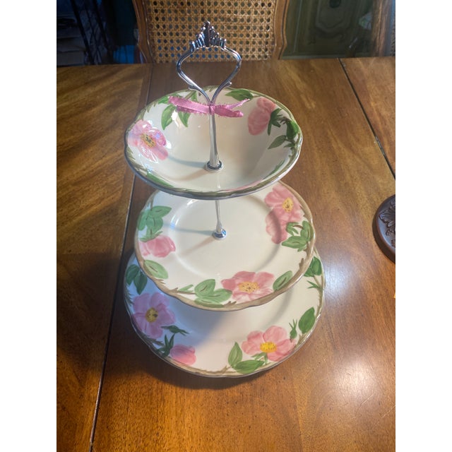 Shabby Chic 1980s Franciscan Desert Rose 3 Tired Cake Stand For Sale - Image 3 of 12