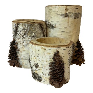 1970s Adirondack Aspen Log Candle Holder With Pinecone Accents, Americana Folk Art. For Sale