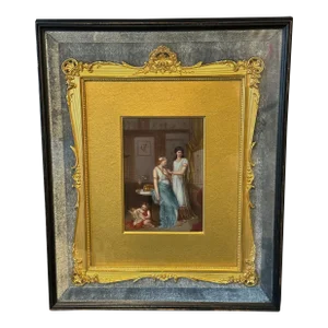 European Painting on Porcelain. Gilded Frame in Shadow Box. 19th Century
