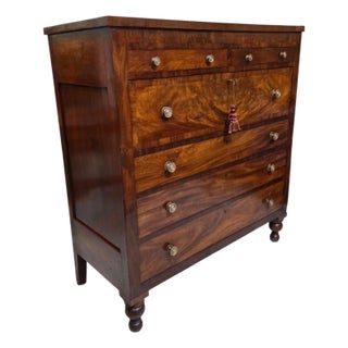 Antique American Classical Bookmatched Crotch Black Walnut Chest of Drawers With Turned Bun Feet, Circa 1845 For Sale