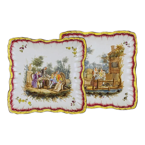 19th Century Marseille Faience Landscape Square Dishes Signed RX - a Pair