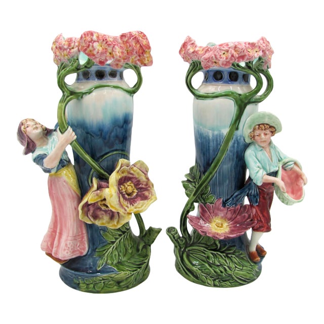 Antique Majolica Art Nouveau Figural Dutch Girl Boy Vases - a Pair For Sale