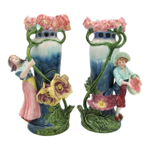 Antique Majolica Art Nouveau Figural Dutch Girl Boy Vases - a Pair