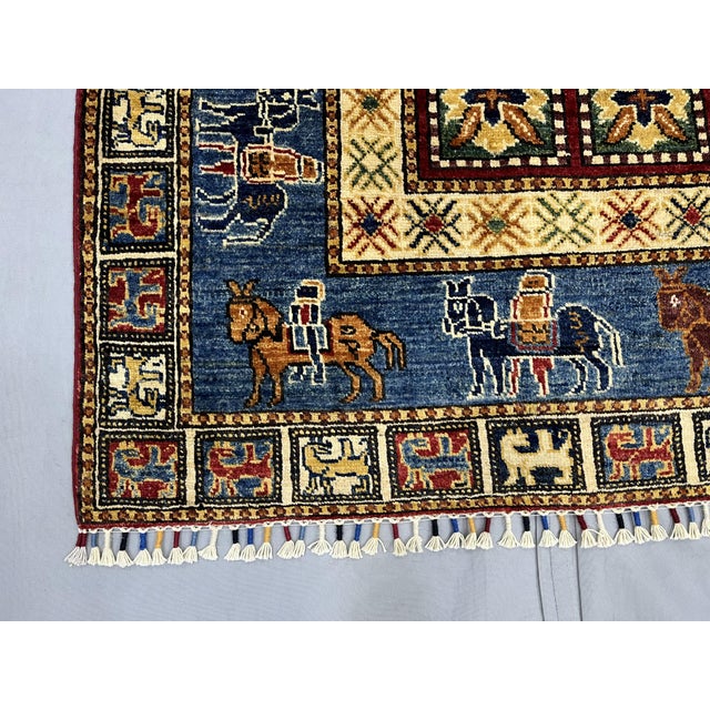 Pictorial Sultani Wool Rug With Horse Border, Blue and Cream, 4'11" X 6'7" For Sale - Image 13 of 15