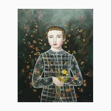 Boy with Calen, Anne Siems, Surreal Figurative Painting, Boy with Flowers, 2017 For Sale - Image 7 of 7