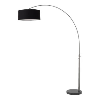 92-Inch Mid Century Modern Morelli Floor Lamp, 1960s - Modern Arc Lamp, Black Nickel, Black Marble Base, Linen Shade For Sale