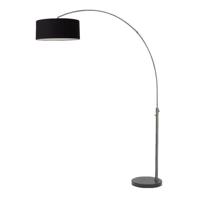 92-Inch Mid Century Modern Morelli Floor Lamp, 1960s - Modern Arc Lamp, Black Nickel, Black Marble Base, Linen Shade For Sale